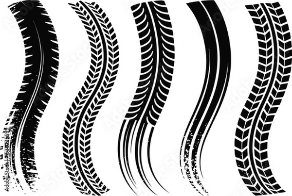 Fototapeta Collection of Five Different Black Tire Tracks on a White Background Isolated