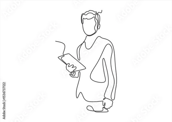 Fototapeta Man holding a tablet in one continuous line.  line icon-continuous line drawing. Editable stroke.