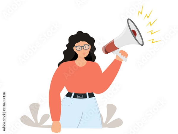 Fototapeta A woman speaking into a megaphone, communication, marketing message, advertising strategy, media or announcement information, flat vector illustration