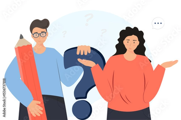 Fototapeta People trying to solve the problem, thinking, searching idea, trying to find a solution, brainstorming concept, flat vector illustration