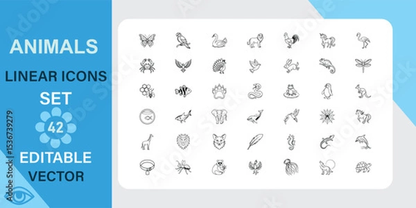 Obraz A set of 42 editable vector linear icons depicting various animals, including birds, insects, mammals, and aquatic life. Simple, clean style.