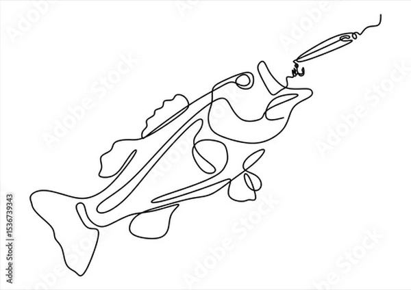 Fototapeta Line Art of a Fish Catching a Fishing Lure.  line icon-continuous line drawing. Editable stroke.