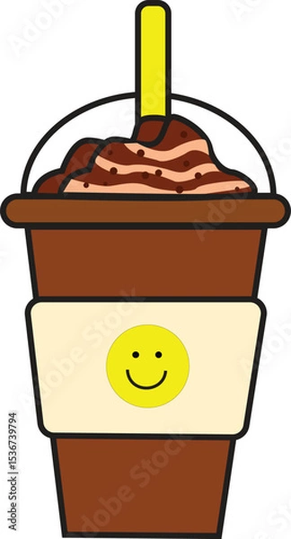 Fototapeta Cute Flat Vector of Iced Chocolate Drink with Whipped Cream and Smiley Cup Label for Menu, Branding, and Café Design