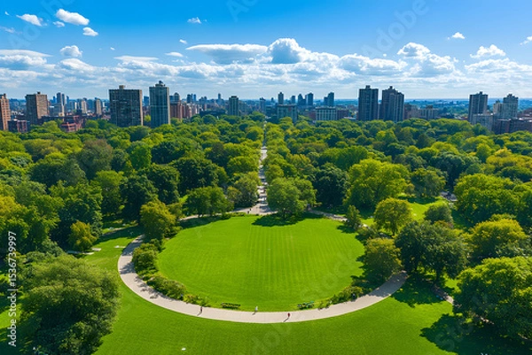 Fototapeta Drone Assessing Air Quality in Urban Park with Lush Green Layout  
