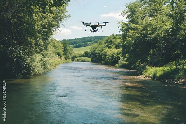 Fototapeta Drone Technology in Action Collecting Water Samples From a River  