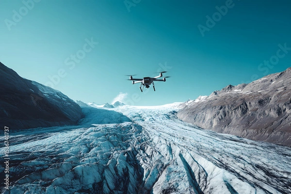 Fototapeta Drone Overhead Inspecting Melting Glaciers in Icy Terrains  