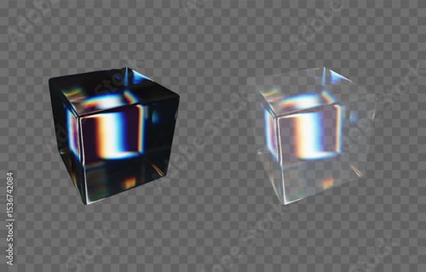 Obraz Vector set of 3D cubes with dispersion effect png. Glass cube from different sides png. Dispersion effect.