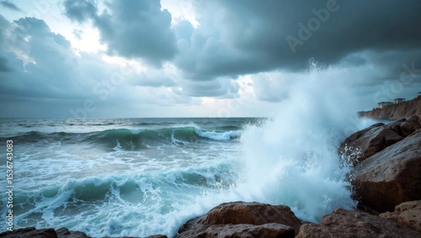 Fototapeta Ocean waves with dramatic mood crashing against rocky shore under cloudy skies