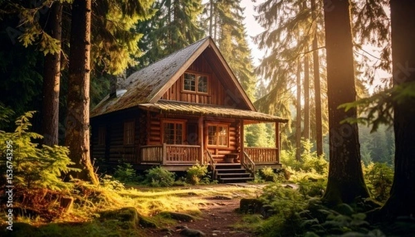 Obraz Captivating vintage poster of a charming cabin in the woods embraced by lush natural scenery