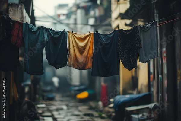 Fototapeta Threadbare Clothing on Line in Urban Poverty Backdrop  
