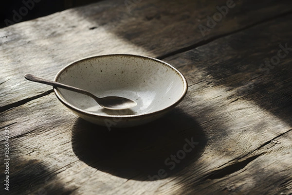 Fototapeta Empty Bowl and Spoon on Rough Table as Poverty Metaphor  