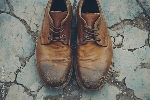 Fototapeta Old Worn Shoes on Pavement - a Subtle Indicator of Hardship  
