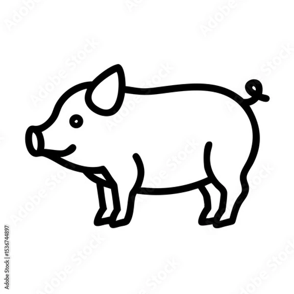 Fototapeta Cute cartoon pig standing happily with a playful expression in a simple black and white style for fun illustrations