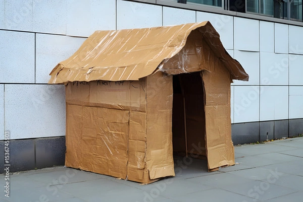 Fototapeta Large Cardboard House Structure on City Pavement