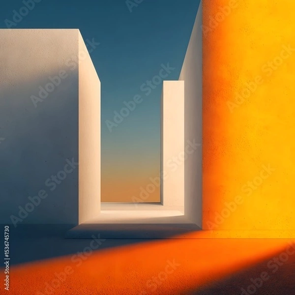 Fototapeta Abstract architectural scene featuring geometric shapes and vibrant colors during sunset