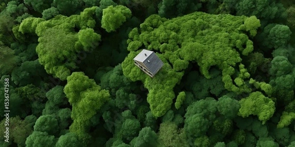 Obraz Solitary cabin overlooking dense forest from aerial view