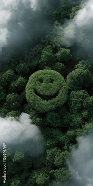 Obraz Aerial view of smiley face shaped forest among clouds in lush greenery