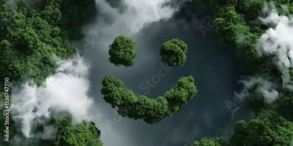 Obraz Aerial view of forest forming a smiley face in a misty lake