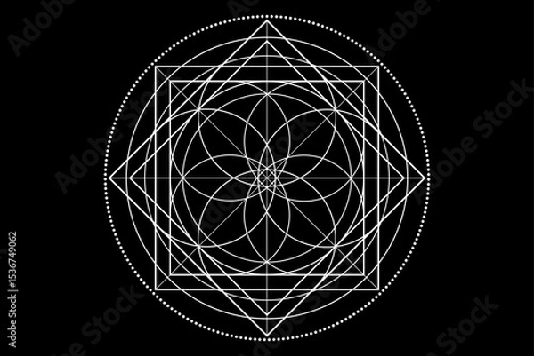 Obraz Sacred Geometry symbol. Logo icon Geometric mystic mandala of alchemy esoteric Flower of Life. Mystical lotus of fortune, white vector tattoo divine meditative amulet isolated on black background