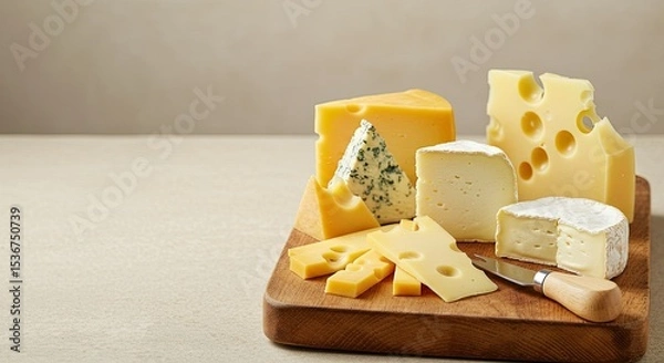 Fototapeta Various types of cheese on a rustic wooden board. Copy space to the left.	