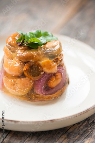 Fototapeta Terrine with milk cap mushrooms and red onion 