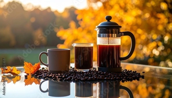 Fototapeta Cozy flat lay with coffee and cup on a table surrounded by coffee beans and french press