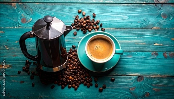 Fototapeta Cozy flat lay of a cup of coffee with fresh coffee beans on rustic wooden surface