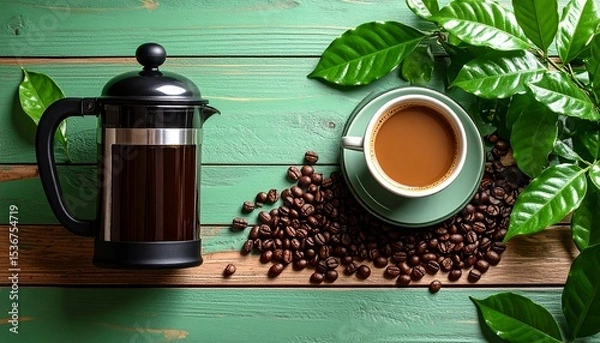 Fototapeta Cozy flat lay featuring a coffee pot and a cup of coffee with aromatic beans around