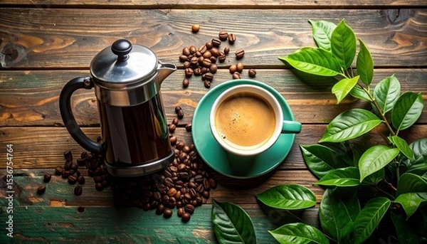 Fototapeta Cozy flat lay of a cup of coffee with fresh coffee beans on rustic wooden surface