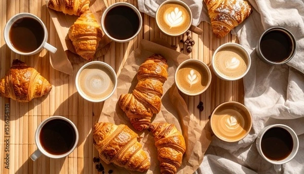 Fototapeta Cozy flat lay of a table with coffee and croissants on bamboo surface with linen napkin