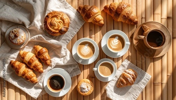 Fototapeta Cozy flat lay of fresh croissants and coffee cups on a table with a soft linen napkin