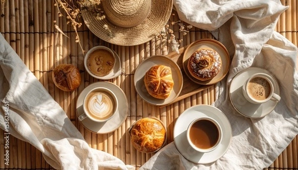 Fototapeta Warm and inviting table with coffee cup and plate of pastries surrounded by a linen napkin