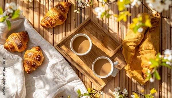 Fototapeta Cozy flat lay of a tray filled with croissants and a cup of coffee on bamboo surface