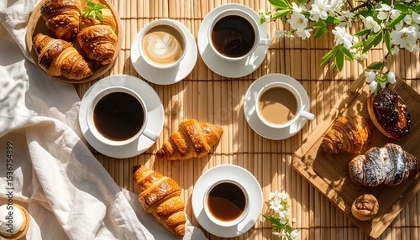 Fototapeta Inviting flat lay of various pastries accompanied by fresh coffee on a bamboo table