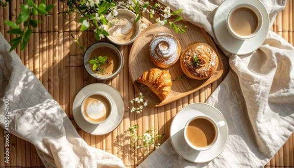 Fototapeta Delightful table with coffee cup and plate of pastries surrounded by a linen napkin
