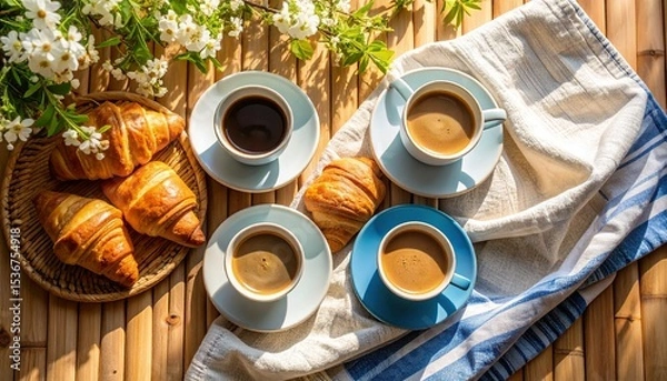 Fototapeta Cozy flat lay of coffee cups and croissants on a bamboo surface with a linen napkin