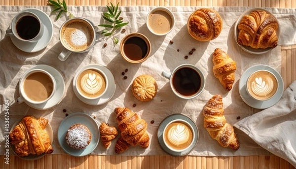 Fototapeta Cozy table setting showcasing fresh coffee and assorted pastries for a relaxing morning
