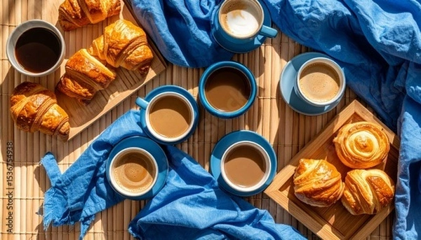 Fototapeta Cozy flat lay of a tray with pastries and cups of coffee on bamboo surface with napkin