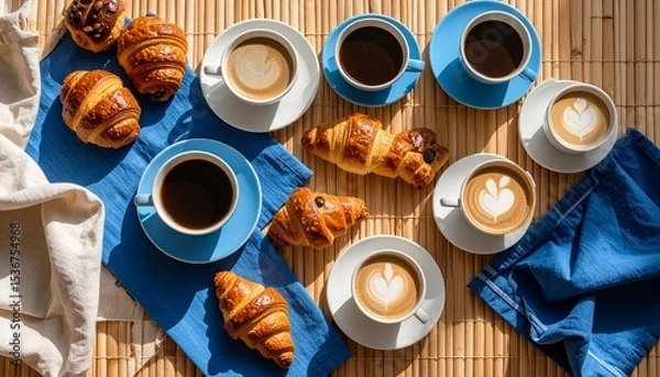 Fototapeta Charming table setting with fresh coffee and croissants for a cozy morning experience