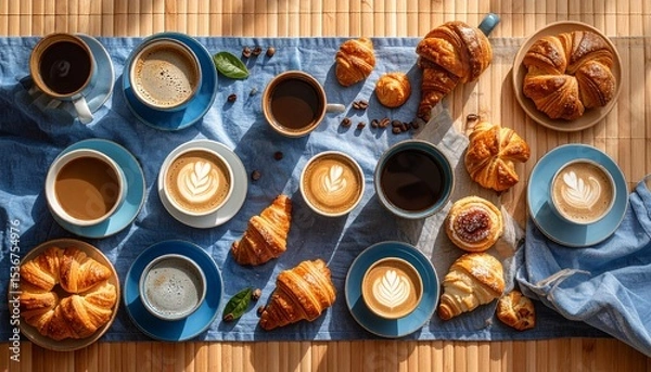 Fototapeta Warm and inviting table with various coffee cups and bowls of delicious food on display