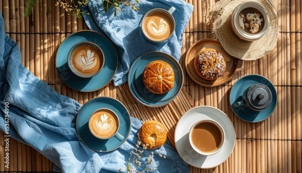 Fototapeta Charming coffee table setting with croissants and blue napkin on bamboo surface display