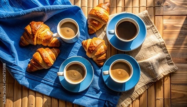 Fototapeta Serene coffee cup on a blue napkin with croissants on a bamboo table flat lay scene