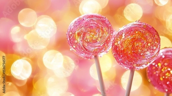 Fototapeta Pink swirl lollipops on sticks against a bokeh background