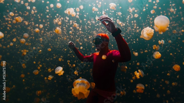 Obraz Male freediver in red wetsuit swims underwater in the lake full of jellyfish. West Papua, Raja Ampat, Indonesia