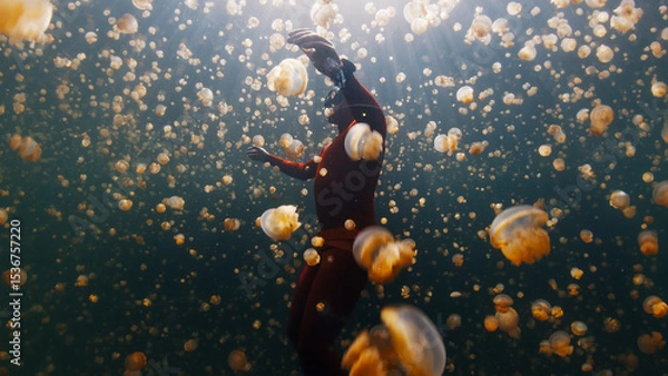 Obraz Male freediver in red wetsuit swims underwater in the lake full of jellyfish. West Papua, Raja Ampat, Indonesia