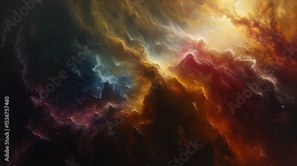 Fototapeta Spectral Convergence in a Cosmic Storm. Multicolored celestial clouds swirl with light and energy across a deep space expanse. Ideal for space art, abstract cosmology, or sci-fi visual narratives.