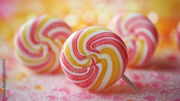 Fototapeta Colorful swirl lollipops on a pink surface