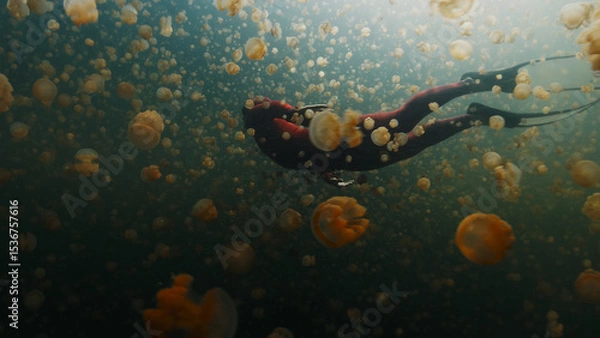 Obraz Male freediver in red wetsuit swims underwater in the lake full of jellyfish. West Papua, Raja Ampat, Indonesia