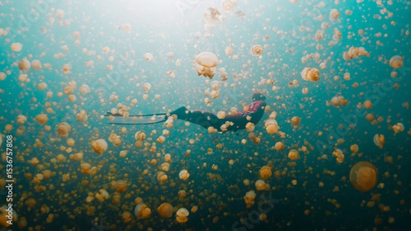 Obraz Freediver swims underwater in the lake full of jellyfish. West Papua, Misool, Indonesia