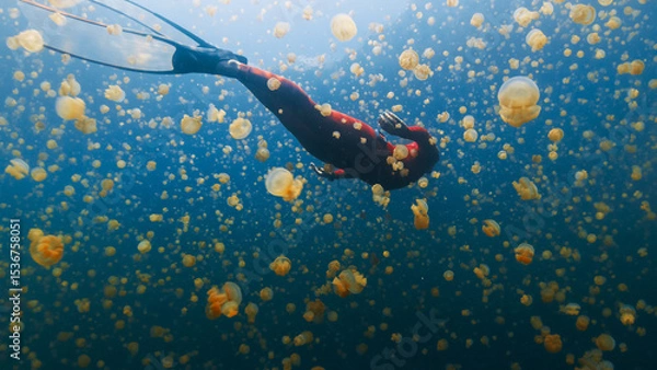 Obraz Freediver swims underwater in the lake full of jellyfish. West Papua, Misool, Indonesia